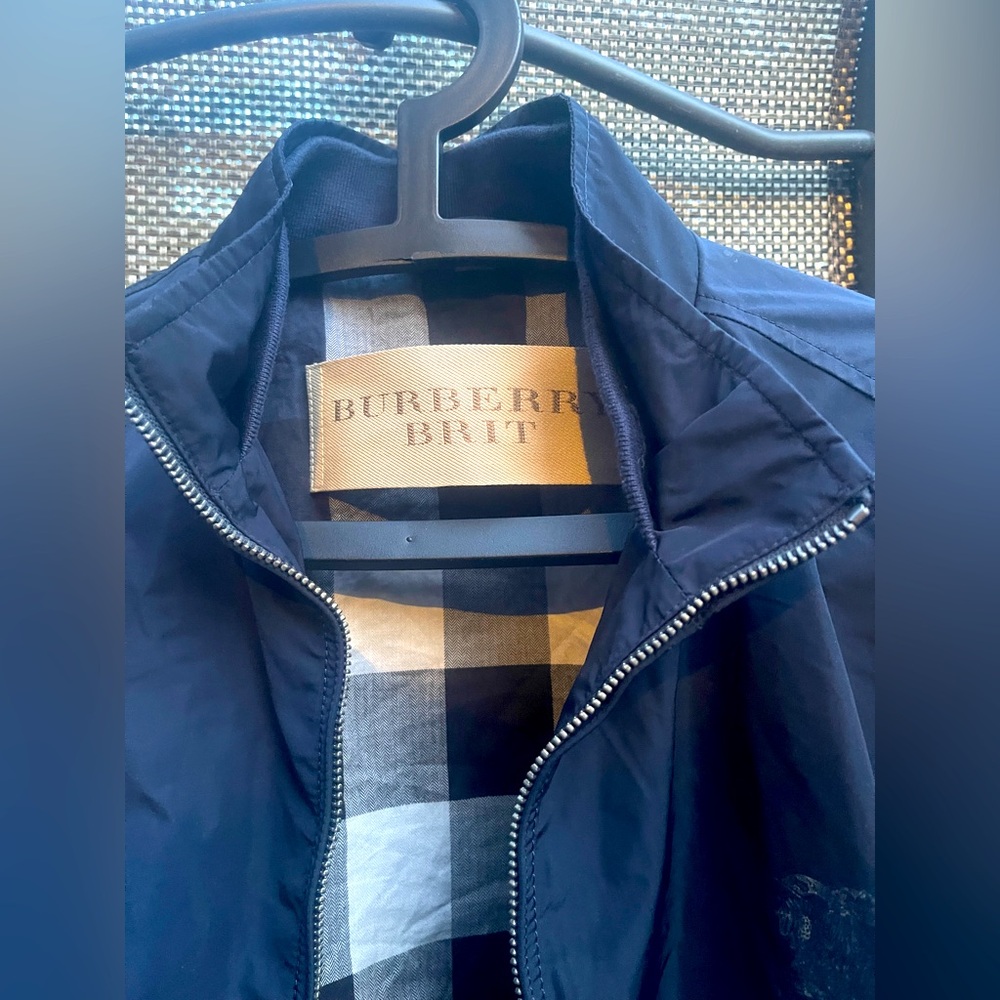 Burberry Blue Windbreaker with Stand-Up Collar and Silver Zipper